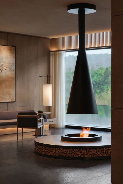 Lobby Fireplace, Design Fireplace, Lobby Design, Inspired Living, Ubud, Interior Inspiration, Lobby, Interior Architecture, Home Interior Design