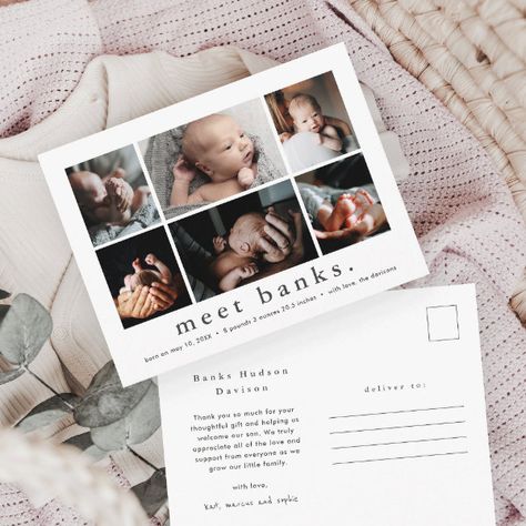 Modern Name 6 Photo Collage Baby Thank You Postcard Birth Announcement And Thank You Card, Birth Announcement Postcard, Boy Birth Announcement Card, Online Invitation Card, Boy Shower Invitations, Baby Thank You Cards, Sweet Photo, Baby On A Budget, Birth Announcement Girl