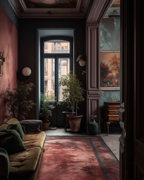 Dark Academia Interior, 1920s Interior, Parisian Interior Design, Moody Interior Design, Dark Interior Design, Victorian Interior Design, Gothic Interior, Townhouse Interior, Parisian Interior