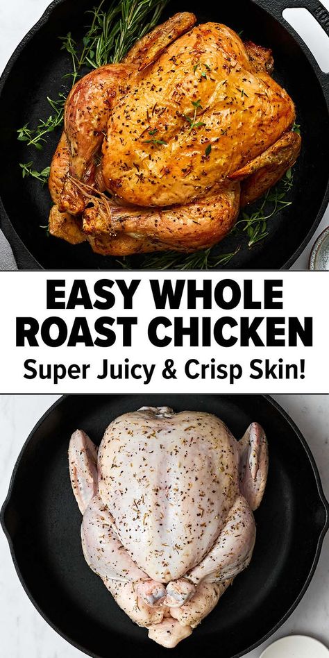 Easy whole roast chicken recipe Oven Baked Whole Chicken, Whole Chicken In Oven, Whole Chicken Recipes Oven, Baked Whole Chicken Recipes, Oven Roasted Whole Chicken, Whole Roast Chicken Recipe, Whole Roast Chicken, Whole Baked Chicken, Roasting Chicken