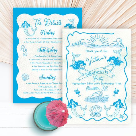 Coastal Mermaid Bachelorette Beach Weekend Invitation Bachelorette Beach Weekend, Modern Bachelorette Party, Mermaid Bachelorette Party, Coastal Bachelorette, Nautical Bachelorette Party, Wavy Frame, Mermaid Bachelorette, Bachelorette Beach, Tropical Cocktails