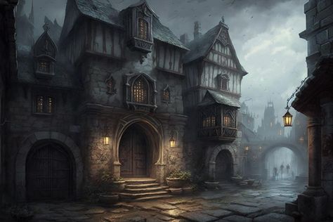 Fantasy Town Hall, Dnd Pictures, Grim Hollow, Vampire Kingdom, Dnd Locations, Eerie Places, Small Hall, Fantasy Town, Spooky Town