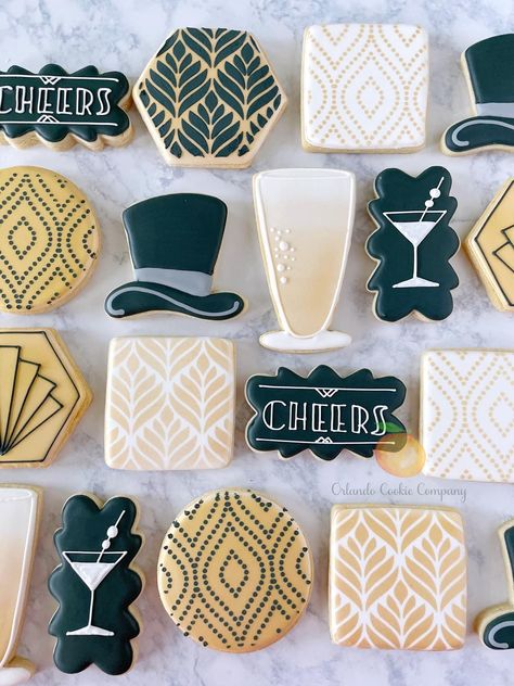 Gatsby Cookies, Gatsby Birthday Party, New Years Cookies, Royal Icing Sugar, Pastry Design, Coffee Party, Iced Biscuits, Cookie Company, Themed Desserts