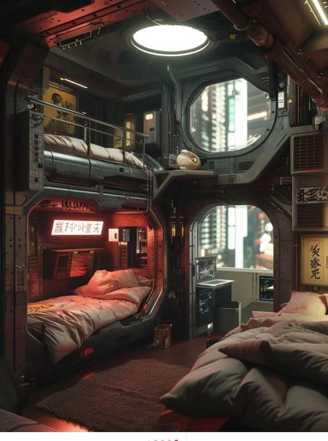 Scifi Room Concept, Apocalypse Bedroom, Hideout Aesthetic, Scifi Bedroom, Spaceship Interior Bedrooms, Spaceship Bedroom, Sci Fi Interior Design, Sci Fi Bedroom, Cyberpunk Interior Design