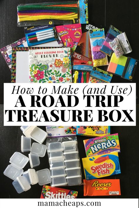 Heading out on a big road trip with the family? Thinking of easy (and cheap) ways to keep the kids behavior from the back seat in check? We used this dollar store treasure box idea on a road trip from Pennsylvania to Yellowstone and it worked AMAZINGLY great!! It was so affordable to put together and the kids LOVED IT! Perfect positive reinforcement. #roadtrip# familytravel #mamacheaps #diy #dollarstore Road Trip Kids Hacks, Road Trip Ideas For Toddlers, Road Trip Basket Ideas, Road Trip Hacks With Kids, Roadtrip Essentials For Kids, Road Trip With Kids Hacks, Dollar Store Kids Activities, Road Trip Hour Countdown, Road Trip Snackle Box Ideas