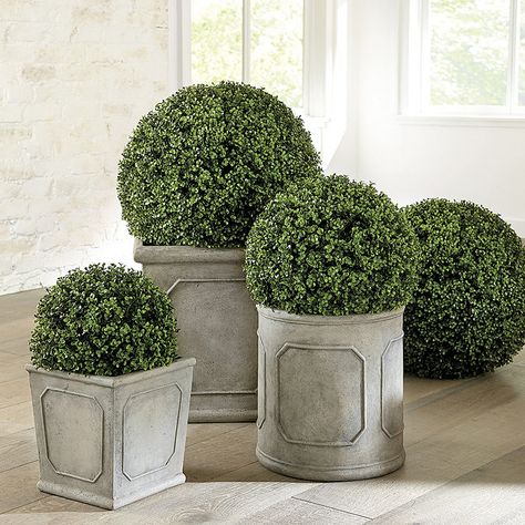 Planter Filler, Boxwood Planters, Winter Planter Ideas, Front Door Planters, Faux Boxwood, Door Planter, Boxwood Balls, Orb Chandelier, Winter Planter