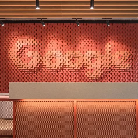 Reception Sign, Brand Wall, Neon Wall Decor, Futuristic Wall Design, Lobby Signage, Brick Logo, Restaurant Wayfinding Signage, Office Lobby Signage, Indoor Office Signage