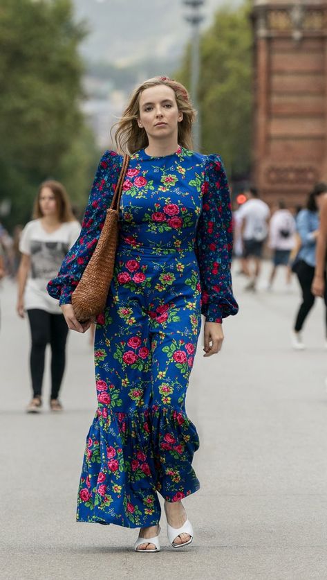 Killing Eve: Shop Villanelle's Exact Blue Floral Maxi Dress The Vampires Wife, Double J, Blue Floral Maxi Dress, Killing Eve, Jodie Comer, Vogue Pattern, Maxi Robes, Dressed To Kill, Floral Blue Dress