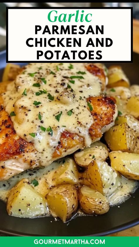 Tender chicken and crispy potatoes come together with a savory garlic Parmesan crust, creating a meal that's both flavorful and effortless. Perfect for a weeknight dinner or a cozy weekend treat. Discover how easy this recipe is – click for details #garlicparmesanchicken #chickenandpotatoes #easychickenrecipe #onepanmeal #weeknightdinner #comfortfood #garlicchicken #easyrecipe #quickdinner #familydinner One Pan Garlic Chicken, Keto Creamy Garlic Parmesan Chicken, Chicken And Fingerling Potatoes, Chicken Tender And Potato Recipes, Simple Chicken And Potato Recipes, 1 Pot Chicken Recipes, Chicken Potato Recipes Easy, Chicken And Potatoes Meal Prep, Chicken Potatoes Crockpot Recipes