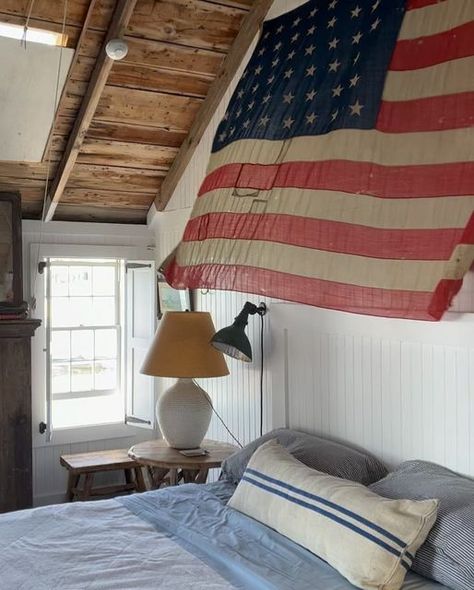 Alfredo Paredes Studio on Instagram: "Happy Fourth of July! Hope everyone is having a breezy summer.  #AlfredoParedesStudio" Flags In Bedroom, Alfredo Paredes, Americana Room, Vintage Americana Decor, American Bedroom, Americana Home, Happy Fourth Of July, Americana Decor, Vintage Americana