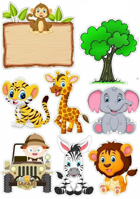 Zoo Cake Topper, Zoo Animal Cakes, Jungle Theme Cake, Jungle Safari Cake, Jungle Theme Cakes, Scrapbook Bebe, Diy Cake Topper Birthday, Animal Theme Birthday, Safari Animals Birthday