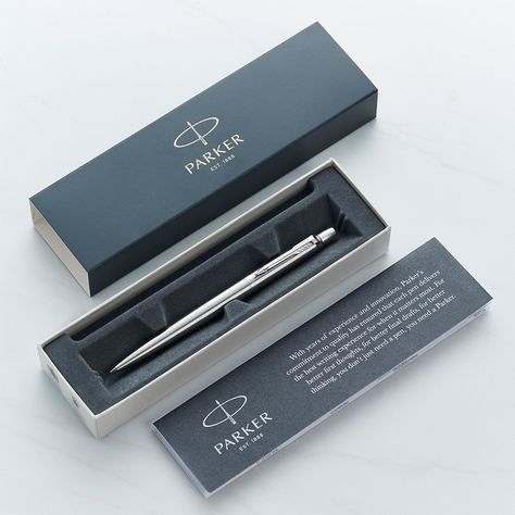 Personalised Parker Jotter Ballpen - Luxury Pen Engraved Same Day and Despatched with Next Working Day Delivery. The stainless steel Jotter Parker pen carries the exclusive authentic design of Parker from the last 60 years. This personalised pen comes presented in a stylish gift box and a patented QuinkFlow ballpoint ink refill. Choose the font and ink colour from the dropdown menu. When personalising your pen, include a monogram or name. Maximum of 11 characters. Please note: orders placed afte Expensive Pens, Parker Jotter, Fancy Pens, Fancy Packaging, Parker Pen, Pen Brands, Luxury Pens, Fine Stationery, Steel Barrel