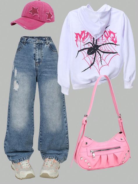 2pcs/Set Tween Girl Casual Spider Print Hooded Sweatshirt And Distressed Jeans Outfit, Back To School Clothes White Casual    Animal,Letter,Plain  Non-Stretch  Tween Girls Clothing, size features are:Bust: ,Length: ,Sleeve Length: Clothes 12-13, Jeans Outfit Back To School, Back School Outfits, Distressed Jeans Outfit, Back To School Clothes, Future Clothes, School Clothes, Cute Preppy Outfits