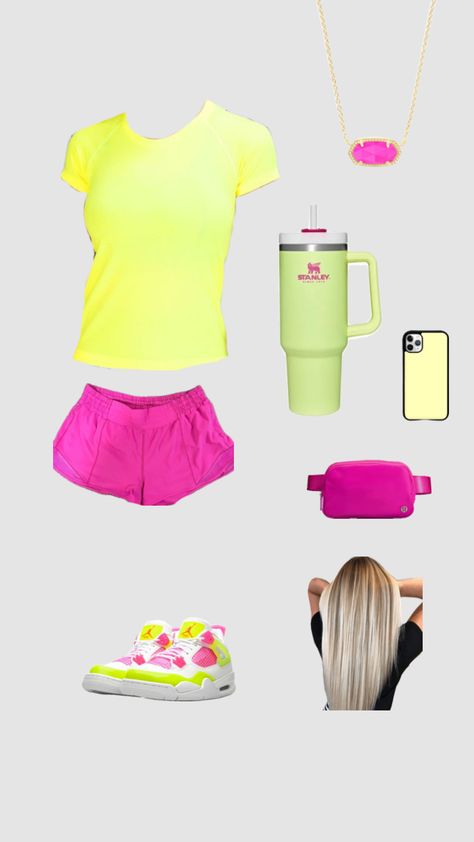 Bright Preppy Outfits, Preppy Neon Outfits, Cute Neon Outfits, Neon Lululemon, Neon Fits, Neon Preppy, Preppy Wishlist, Shein Bags, Neon Tutu