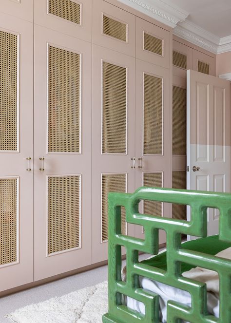 Kids Closet Door Ideas, Pink Built In Wardrobe, Queenslander Bedroom, Staircase Colour, Rattan Wardrobe, Fabric Wardrobe, Rattan Door, Pink Ground, Maximalist Home