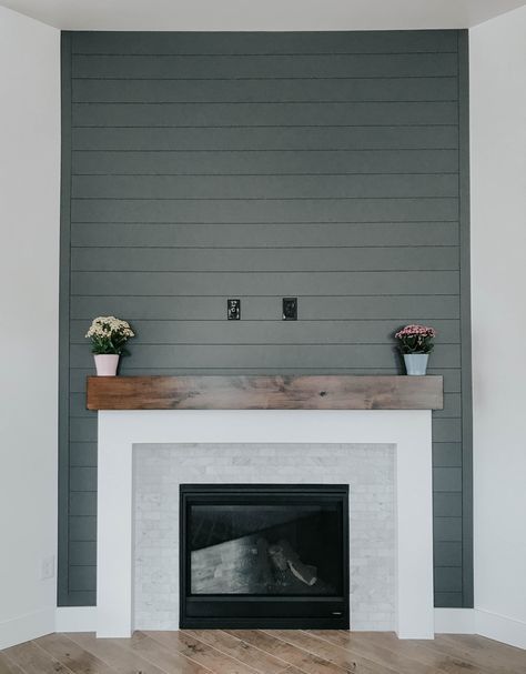 Old Wood Mantle, White Board And Batten Fireplace, Grey Fireplace Surround, Stone And Shiplap Fireplace, Simple Fireplace Surround, Navy Fireplace, Dark Shiplap, Corner Fireplace Makeover, Corner Fireplace Living Room