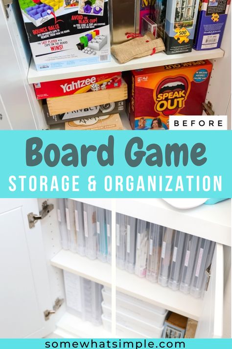 Before and after pictures of a messy game cupboard. Store Games Organization Ideas, Manipulative Organization Storage Ideas, Board Game Plastic Storage, Family Game Storage Ideas, Games Cupboard Organization, Game Cupboard Organization, Storing Board Games Storage Solutions, Storage Ideas For Board Games, Board Games Organization Ideas