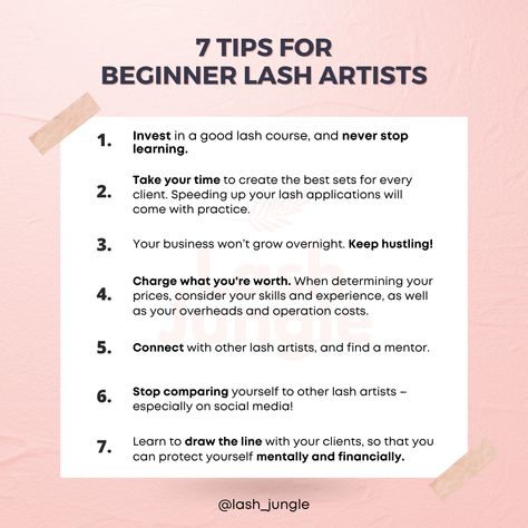 Some pieces of advice for beginner lash artists 💕 Save this post for later! Lash Artist Beginner, Beginner Lash Extensions, Lash Extensions Knowledge, Lash Tech Tips For Clients, Lash Artist Tips And Tricks, Self Taught Lash Tech, Content For Lash Techs, Lash Extensions Tips For Beginners, Beginner Lash Artist Tips