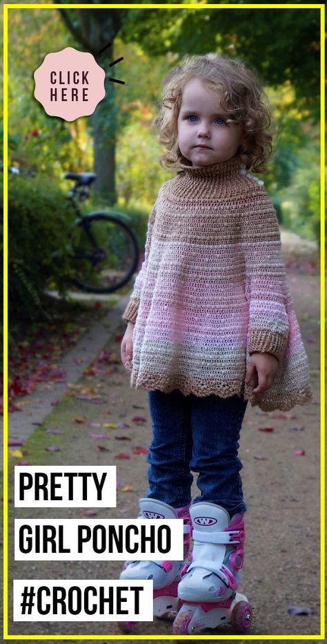 crochet Pretty Girls Poncho easy pattern - Easy Crochet Poncho Pattern for Beginners. Click to Try the Pattern #Poncho  #crochetpattern #crochet   via @shareapattern.com Crochet Kids Poncho Free Pattern, Girls Poncho Crochet Pattern Free, Childs Crochet Poncho Pattern Free, Crochet Child Poncho Free Pattern, Girls Poncho Crochet Pattern, Kids Poncho Pattern, Crochet Poncho Patterns Kids, Crochet Girl Patterns, Crochet Poncho Kids