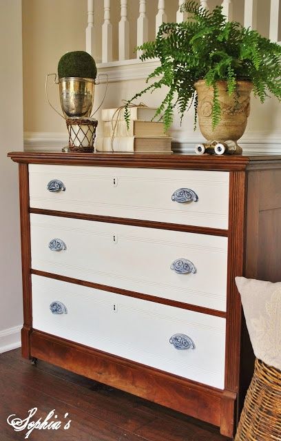 natural wood and Old White Chalk Paint Two Tone Dresser, Dining Furniture Makeover, Painted Drawers, Furniture Rehab, Refurbished Furniture, Outdoor Dining Furniture, Furniture Restoration, Paint Furniture, Redo Furniture