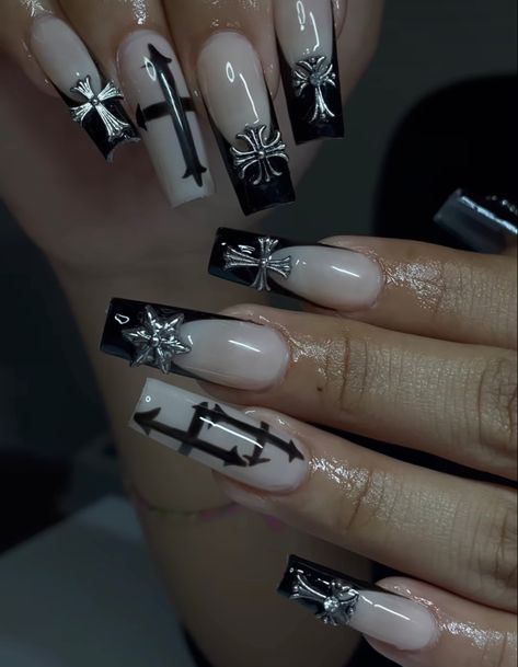 Tattoos For Moms, Fireplace Tv Wall Decor, Emo Dark, Cross Nails, Room 2023, Fireplace Tv Wall, Punk Nails, Goth Nails, Colored Acrylic Nails