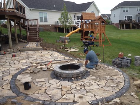 Flagstone Patio And Fire Pit, Fire Pit Flagstone Patio, Brick Patio Ideas With Fire Pit, Fire Pit With Stones, Flagstone Fire Pit Area, Flagstone Paver Patio, Flagstone Patio With Fire Pit, Landscaping With Fire Pit, Fire Pit Flagstone