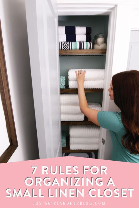 Learn how to organize a small linen closet with these easy tips and tricks that will have your sheets and towels looking neat and tidy in no time! | #linencloset #smalllinencloset #linenclosetorganization #organizedlinencloset via @justagirlabby Linen Closet Storage Ideas Small Spaces, Small Linen Closet Organization, Small Linen Closet, Abby Lawson, Closet Organization Tips, Small Linen Closets, Bathroom Linen Closet, Closet Solutions, Airing Cupboard