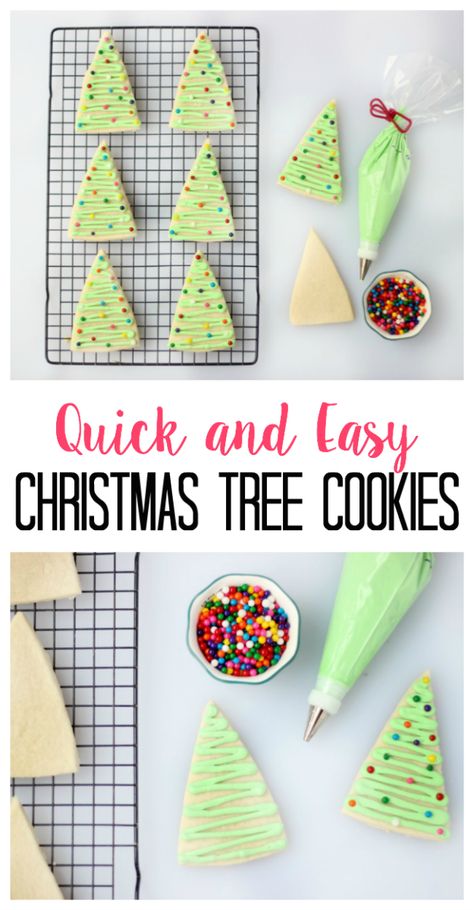 Cute and quirky triangle Christmas tree cookies that are super easy to decorate using this method! Triangle Christmas Tree, Easy Gingerbread Cookies, Chocolate Peppermint Cookies, Edible Crafts, Cookies Easy, Holiday Goodies, Tree Cookies, Christmas Cookies Easy, Christmas Tree Cookies