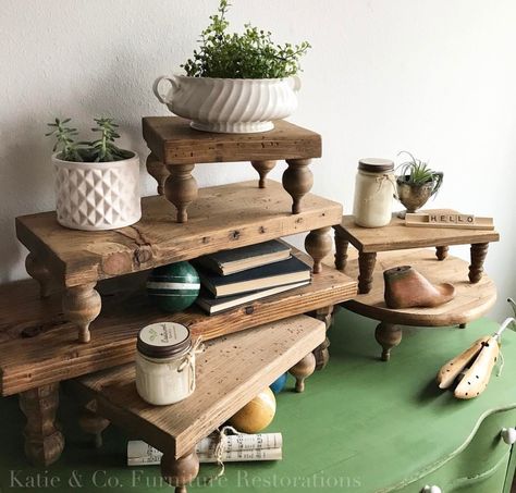 Risers For Tv Stand, Shelf Risers Diy, Diy Wood Riser Tray, Shelf Risers, Farmhouse Risers Diy, Wooden Food Risers, Diy Plant Riser Indoor, Wooden Risers Display, Diy Plant Riser