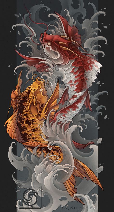 Goldy & Bloody (1) | Images :: Behance Pez Koi Tattoo, Dragon Koi Tattoo Design, Koi Tattoo Sleeve, Koi Tattoo Design, Full Tattoo, Tattoo Posters, Fishing 101, Koi Art, Japanese Dragon Tattoos