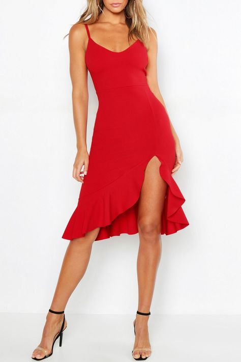 Strappy Frill Hem Midi Dress | Boohoo Red Salsa Dress, Salsa Outfit, Red Salsa, Salsa Dress, Strappy Midi Dress, Cami Dresses, Skater Dresses, Red Dresses, Red Midi Dress