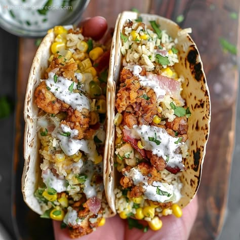 Delicious Fried Chicken Street Corn Tacos Recipe - My Home Made Recipe Corn Tacos Recipe, Chicken Street Corn, Street Corn Tacos, Recipe For Fried Chicken, Fried Chicken Taco, Corn Tacos, Corn Taco, Corn Chicken, Creamy Ranch