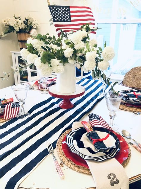 Memorial Day BBQ Decorations Food Ideas - Karins Kottage Blue Decor Ideas, Fourth Of July Bbq, Patriotic Tablescapes, Bbq Decorations, Red White And Blue Decor, Tall White Vase, Memorial Day Bbq, White And Blue Decor, Tiered Serving Stand