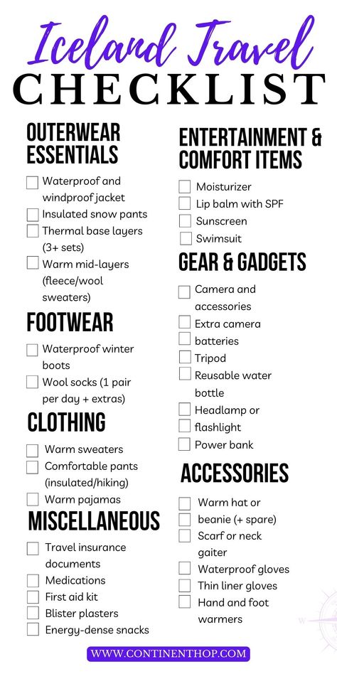 The Ultimate Iceland Winter Packing List - What To Pack For Winter In Iceland Winter In Iceland, Winter Packing List, Iceland Winter, Spf Lip Balm, Thermal Base Layer, Warm Pajamas, Winter Packing, Windproof Jacket, Waterproof Winter Boots