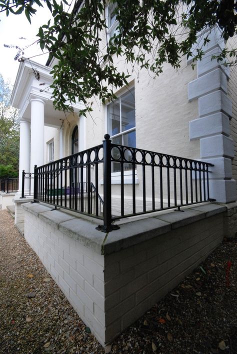 Basement conversion to a Georgian house in Guildford - Heritage Architecture Balcony Railings Exterior, Wrought Iron Railings Outdoor, Stairwell To Basement, Wrought Iron Railing Exterior, Iron Railings Outdoor, Wrought Iron Balcony, Exterior Handrail, Iron Stairs, Iron Balcony Railing