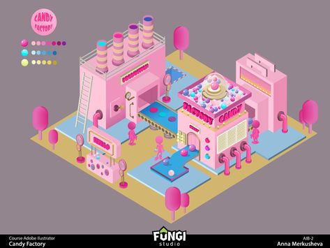 ArtStation - Candy Factory Candy Factory Illustration, Factory Exterior, Factory Illustration, Fantasy Factory, Sugar Factory, Candy Tree, Candy Factory, Building Management, Group Project