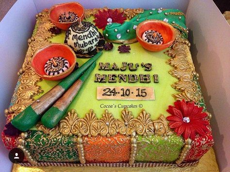 Mehandi Ceremony Cake #indian #indianwedding #indianshaadi #mehandi #mehandiceremony Mehandi Cake Design, Gaye Holud Cake Design, Mehendi Cake Designs, Gaye Holud Cake, Mehndi Cake Ideas, Mehandi Cake, Dhol Cake, Mehendi Cake, Mehandi Night