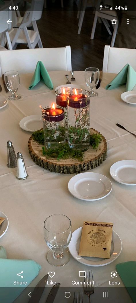 Woodland Wedding Centerpieces Diy, Tree Trunk Centerpieces Wedding, Tree Bark Centerpieces Wedding, Enchanted Garden Centerpieces Diy, Rustic Forest Green Wedding, Forest Table Centerpieces, Forest Inspired Centerpieces, Forest Theme Centerpieces Woods, Fairycore Centerpiece