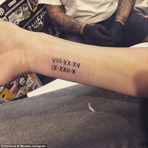 New tat: Christina El Moussa, 33, showed off a tattoo of her two children's birth dates that she had inked onto her right forearm Thursday Kids Birthday Tattoo, Christina El Moussa, Tattoo T, No Time Like The Present, Parent Tattoos, Roman Numeral Tattoos, Birthday Tattoo, Date Tattoos, Finger Tats