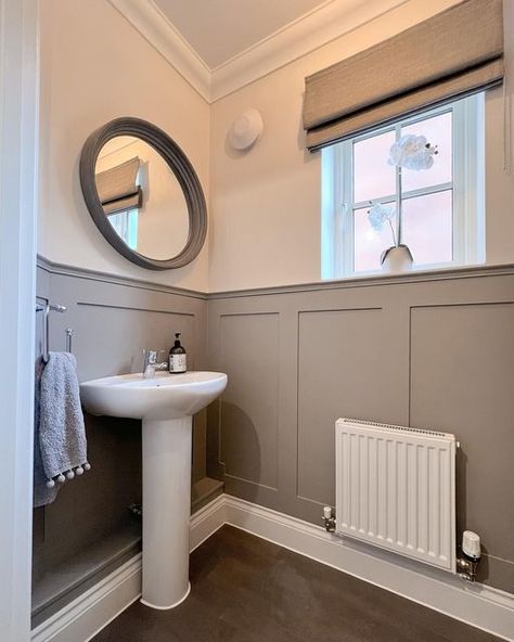 Simple Bathroom Panelling, Small Toilet Wood Panelling, Downstairs Toilet With Window, Panelled Downstairs Toilet, Panelling Toilet, Taupe Panelling, Panelled Toilet, Cloakroom Panelling, Small Bathroom Panelling