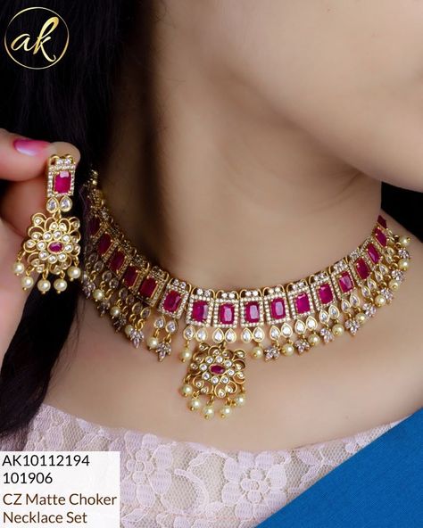 Cz matte gold choker set with matching earrings. 1 Gram Gold Jewellery Indian With Price, Latest Choker Necklace Designs, Gold Necklace Designs Latest, Gold Choker Set, 29 February, Dubai Gold Jewelry, Lakshmi Devi, Gold Temple Jewellery, Choker Necklace Designs