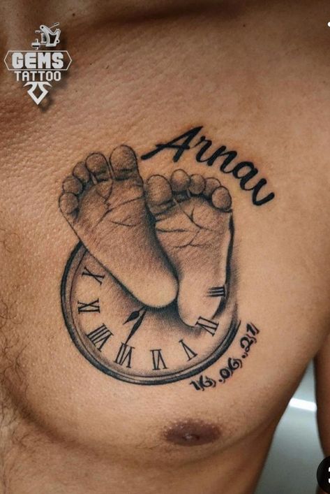 Tattoos For Your Childs Name, Tattoos For My Son Ideas Mom, Tattoo Of Childs Name, Date Of Birth Tattoos Children, First Child Tattoos, Feet Tattoos For Men, Baby Feet Tattoo, Jacks Tattoo, Baby Hand Tattoo