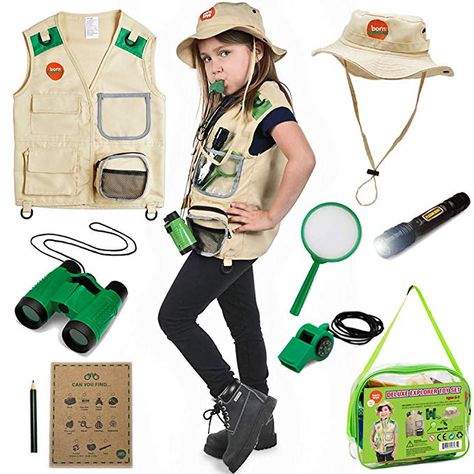 Amazon.com: Born Toys Outdoor Explorer Kit for Boys and Girls with Washable Premium Safari Vest and Adventure kit with Scavenger Hunt: Toys & Games Explorer Costume, Camping Toys, Safari Vest, Jungle Thema, Halloween Camping, Pretend Play Costumes, Binoculars For Kids, Safari Hat, Rainbow Magic