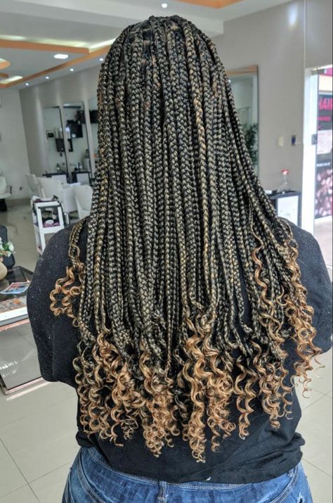 Mid Length Knotless Braids With Curls, 2024 Braids, Lock Hairstyles, Medium Size Braids, Brown Box Braids, Black And Blonde Ombre, Polynesian Dress, Short Box Braids Hairstyles, Curly Braids