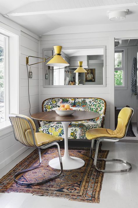 Blend Old and New goodhousemag North Carolina Cottage, Cottage Tour, Brunch Vibes, Breakfast Nook Ideas, Built In Banquette, White Shiplap Wall, Cozy Breakfast Nook, Nook Ideas, Kitchen Nook