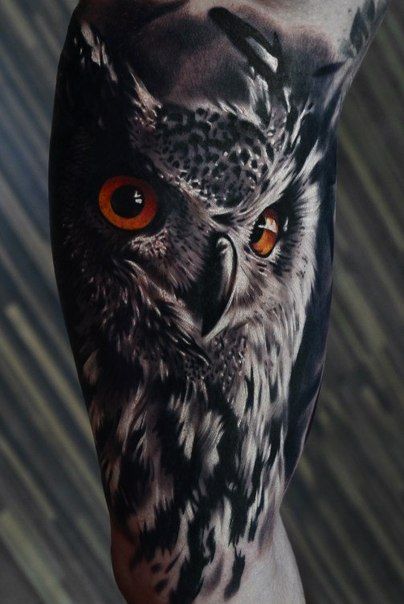 Realistic Owl Tattoo with Orange eyes. Mens Owl Tattoo, Realistic Owl Tattoo, Vogel Tattoo, Hyper Realistic Tattoo, Wild Tattoo, Owl Tattoo Design, Cat Tattoos, Geniale Tattoos, Tiny Tattoo