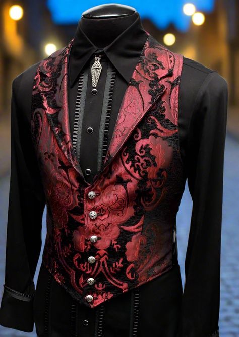 Shrine of Hollywood ARISTOCRAT VEST - BLACK/RED TAPESTRY aristocrat formal goth gothic Men's Vests red steampunk tapestry vampire vest victorian wedding Wedding Ideas Suits, Red Black Suit Men, Red Victorian Suit, Vampire Suit Men, Fairytale Wedding Suit, Red Suit Aesthetic, Fancy Male Outfits, Victorian Goth Men, Unique Suits For Men