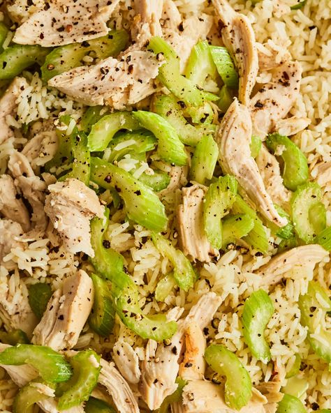 Gratitude Chicken and Celery Rice | Kitchn Celery Recipe, Chicken Celery, Celery Recipes, Shredded Chicken Recipes, Cream Of Celery Soup, Celery Soup, Cooking Chicken To Shred, Chicken Salad Recipes, Shredded Chicken