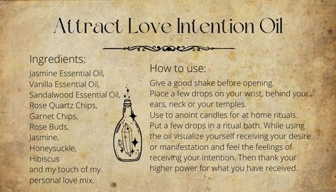 This is an infused spell oil to attract ones next lover, soulmate or enhance a current love by combing the power of oils, herbs, crystals and flowers together.
How to use:
Give a good shake before opening.
Place a few drops on your wrist, behind your ears, neck or your temples.
Use to anoint candles for at home rituals.
Put a few drops in a ritual bath. Home Rituals, Crystals And Flowers, Magick Oil, Candle Magic Spells, Mint Essential Oil, Jasmine Essential Oil, Clary Sage Essential Oil, Essential Oils Guide, Sandalwood Essential Oil