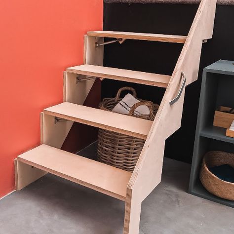 Crafty Panda How - Making Custom Folding Stairs To Save Space Murphy Stairs, Side Folding Stairs, Folding Stairs Space Saving, Ramp Ideas, Folding Staircase, Folding Steps, Foldable Stairs, Folding Stairs, Cat Stairs